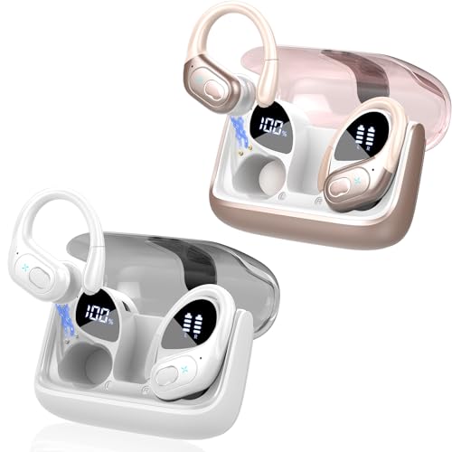 Aptkdoe 2 Sets Wireless Earbuds Sport, Bluetooth 5.4 Over Ear Buds Stereo Deep Bass Over Ear Bud with Earhooks, 75H Wireless Earphones with Mic, IPX7 Waterproof Earphone for Sports Rose Gold+White - image 1