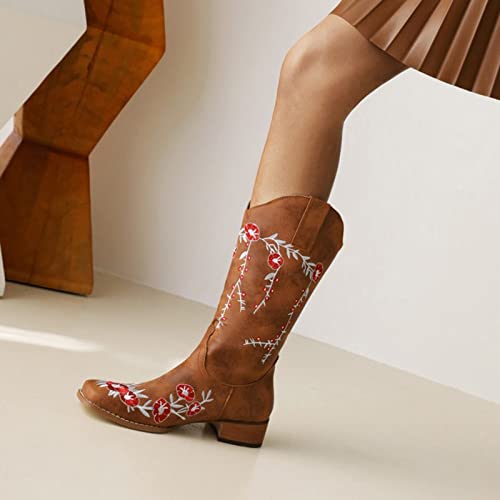 Cowboy Boots for Women Comfortable Retro Pull On Pointed Toe Classic Boot Embroidered Mid-Calf Pointed Toe Cowgirl Boot (Color : Brown, Size : 9 US)3