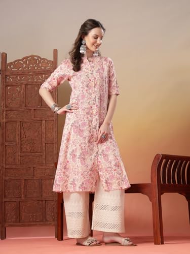 Image of Stylum Women's Pink Floral Printed Rayon A-Line Kurta