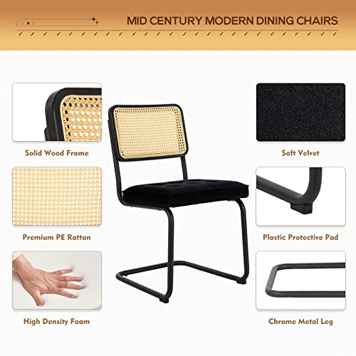 Colamy Mid Century Modern Dining Chairs Set Of 2, Velvet Rattan Dining Room Kitchen Side Chairs With Metal Chrome Legs And Upholstered Seat For Home, Living Room, Bedroom - Black #TOP4