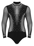 Xnihocha Mens Ballet Latin Dance Leotard Long Sleeve Bodysuit Shiny Rhinestones Ballroom Dance Shirts Black Medium
