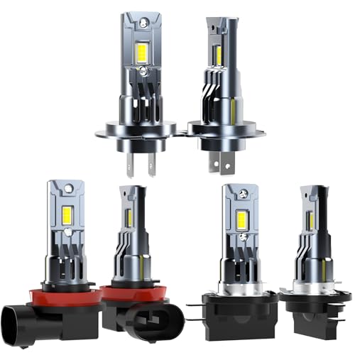 LED Bulbs Combo Compatible with Hyundai Santa Fe 2013 2014 2015 2016 Azera Grandeur 2007-2010 Kia Rondo Carens 2014-2017, H7 High Beam H11B Low Beam and H8 Fog Light Bulbs, 50W 6500k White, 6-Pack