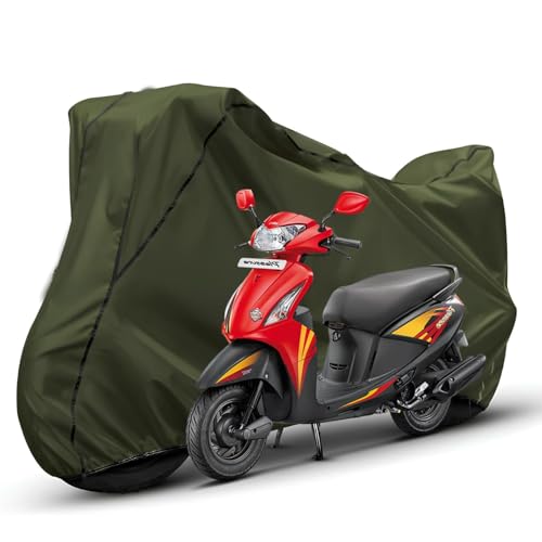 Image of Waterproof Bike Body Cover Compatible with Hero Pleasure Dustproof Scratchproof - Motorcycle Cover for Two Wheeler, Outdoor Full Cover with UV, Duty, Rain Protection (Olive with Black) R1A