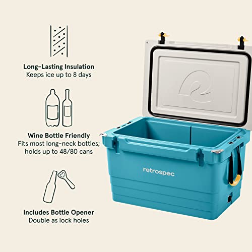Retrospec Palisade Rotomolded 65 Qt Cooler - Fully Insulated Portable Ice Chest With Built In Bottle Opener, Tie-Down Slots & Dry Goods Basket - Large Beach, Camping & Travel Coolers - Coastal Blue #TOP2