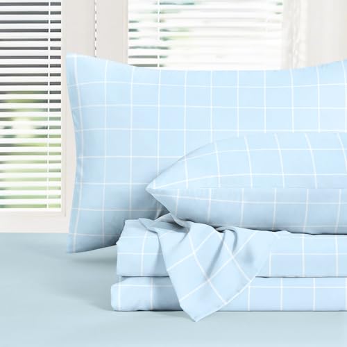 Wake In Cloud - Geometric Bed Sheets, 4-Piece Sheet Set, Checkered Grid Plaid Check Checker Gingham Preppy Aesthetic Bedding, Deep Pocket, Light Blue, Full Size