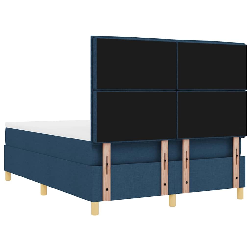 Cama con somier de 140 x 200 cm, tejido azul, con cabecero, colchón de muelles ensacados, madera maciza de pino, diseño moderno de dormitorio para parejas