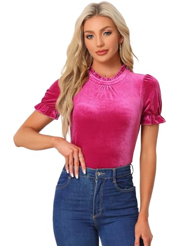 Allegra K Ruffle Collar Shirt for Women's Short Sleeve Velvet Pleated Tops Blouse Hot Pink S