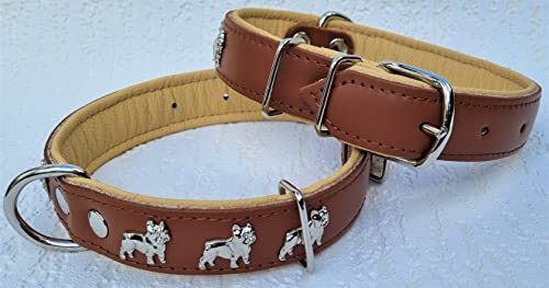 Bully Französische Bulldogge Frenchie Halsband - Halsumfang 30-39cm/30mm, 32-44cm/30mm, 36-49cm/30mm Leder Cognac Beige (3. Halsumfang 36-49cm/30mm/55cm)