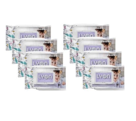 Image of Lyon Premium Baby Wipes with Aloe Vera & Vitamin E - Dermatologically Tested, pH-Balanced, Free from Alcohol & Parabens - 640 Wipes (Pack of 8, 80 Wipes per Pack)