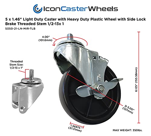 Iconcasterwheels 5" X 1.25" Industrial Caster | Swivel W/Top Lock Brake | Heavy Duty Plastic Non-Marking Wheel | Threaded Stem 1/2-13X1" |Load Capacity 350 Lbs.| Single Caster #TOP1