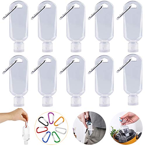 10Pcs Portable Travel Bottles, 2oz/50 ml Leakproof Refillable Empty Bottles Liquid Containers with Multicolor Keychain, Flip Cap Squeezable Bottles, Empty Hand Sanitizer Bottles for Outdoor Activities