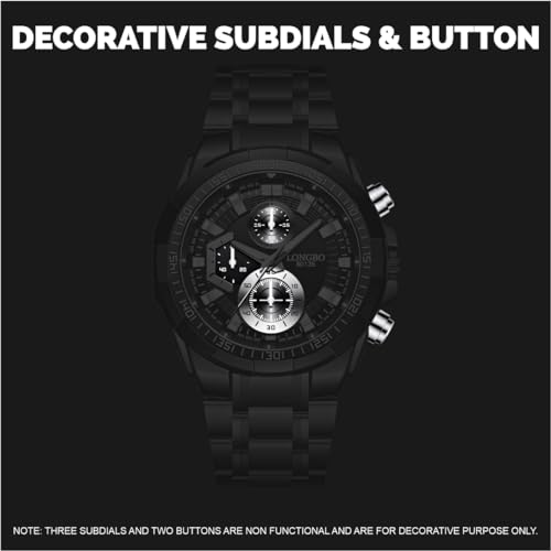 Image of LONGBO Black Business Casual Stainless Steel Decorative Subdials Big Blue Dial Scratch Resistant Waterproof Analog Watch for Men and Boys