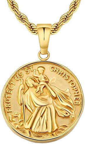 KRKC&CO 2.5mm St Christopher Necklace for Men, 22" Pendant Necklace Protector Talisman, Coin Medallion, 18K Gold Plated Protection, Chain with Pendant Jesus, Gift for Husband Son Father