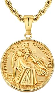KRKC&CO 2.5mm St Christopher Necklace for Men, 22" Pendant Necklace Protector Talisman, Coin Medallion, 18K Gold Plated Protection, Chain with Pendant Jesus, Gift for Husband Son Father