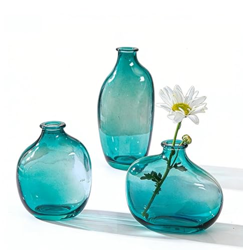 Set of 3 Green Glass Bud Vases Modern Mini Small Flower Decor Vase Pack