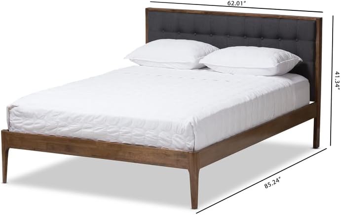 HomeStock Grey Fabric Platform Bed King Size Mid-Century Modern Upholstered Headboard