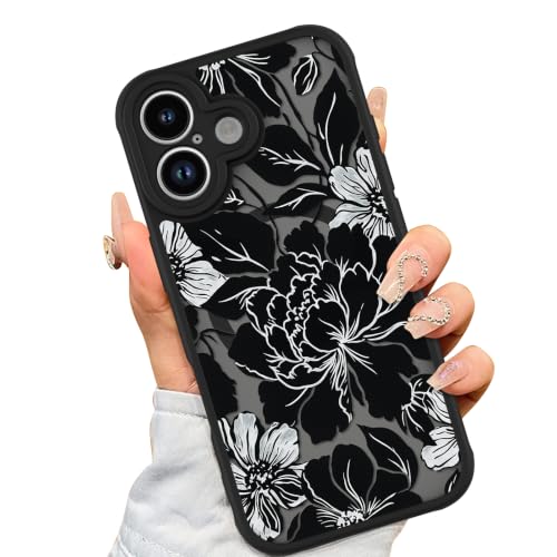 AIGOMARA Magnetic Case for iPhone 16 Plus - Black, Floral Pattern