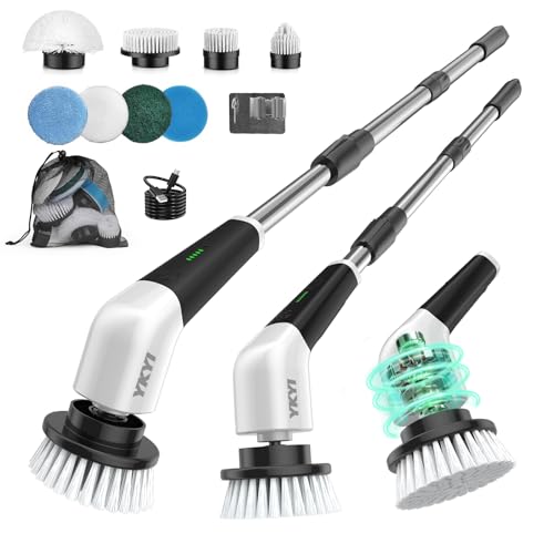 YKYI Electric Spin Scrubber Cordless Power Scrubber Cleaning Tool with 8 Replaceable Heads and Extension Handle for Bathroom Tub Tile Floor Grout and Car (White)