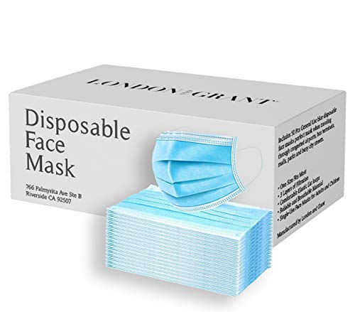 London and Grant 3 Ply Disposable Masks For Face - Face Mask Sheet For All Skin Types - Face Masks - 50 PK