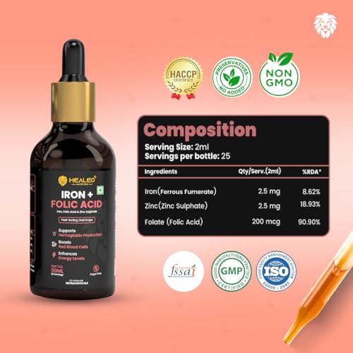 Image of Healeo Iron + Folic Acid Drops | Fast Acting Liquid Iron Supplement for Women & Men with Zinc | Hemoglobin Booster & Blood Builder | Non-Constipating - 50ml