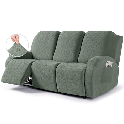 Image of VANSOFY Recliner Cover, 3-Pieces Stretch Reclining Couch Covers with Pockets Reclining Sofa Slipcovers 3 Seater Soft Washable Furniture Protector for Dogs Cats(Bean Green)