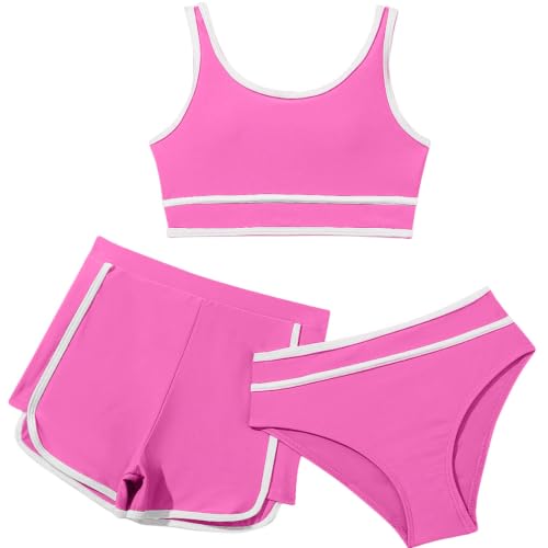 Bikini de 3 piezas para niñas con volantes lisos antirozaduras