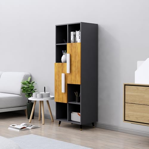 Image of Bniture Bookshelf for Home | Engineered Wood Book Shelf with 2 Door & 6 Shelf | Open Book Shelf Stand for Library | Multipurpose Display Organizer for Living Room & Study | Slate Grey & Giant Wood