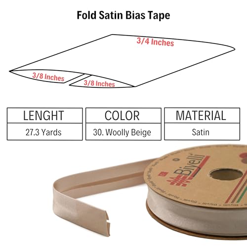 Image of Fold Satin Bias Tape - 99+ Colors - 3 /4 Inches Wide - 27 Yards - Fold Satin Binding Bias Ribbon Fabric Piping Bias Binding Tape for Sewing Clothing DIY (30. Woolly Beige) BYS30