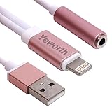 Yeworth 2 in 1 Lightning to 3.5mm Headphone Jack Adapter with USB Charger Port Charging Plug for iPhone 7 / 7 Plus - Rose Gold