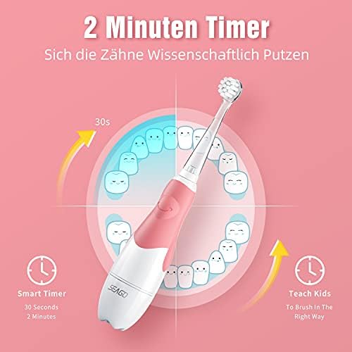 Seago Elektryczna szczoteczka do zębów dla dzieci w wieku 6 miesięcy do 4 lat, wodoszczelna, inteligentny timer, kolorowe lampy LED i 4 główki szczoteczki, bateria do zębów dla niemowląt SG513 (Pink)