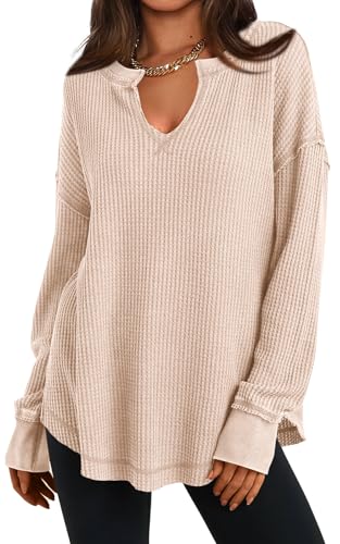PRETTYGARDEN Womens Spring Fashion 2026 Waffle Knit Long Sleeve Tunic Tops for Women Loose Fit Dressy Casual V Neck Shirts (Beige, Large)