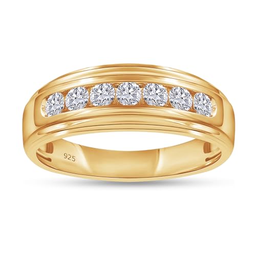Mens Wedding Band Ring in 14K Yellow Gold Plated 925 Sterling Silver 1/2 Ct Round Lab-Grown Diamond (F-G Color VS-SI Clarity) 7-Stone Channel Set Anniversary Band Jewelry Gift for Him Size- 11