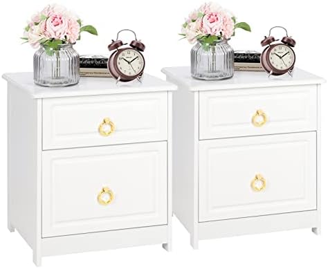 White Wooden Bedside Table Set of 2, 2 Drawer Nightstand Side Table with Gold Drawer Rings for Bedroom, Living Room, 40x36x47cm