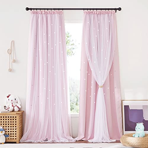 NICETOWN Rideau Occultant - Rideaux et Draperies Intérieurs avec Blanc Voilage Décoration de Chambre Fille Enfant/Salon avec Etoile Galon Fronceur, L 132 x H 240cm,...