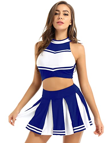 YiZYiF Costume Cheerleadering Vestito Cheer-leader Donna Crop Top E Mini Gonna Uniforme Cheerleading Abito da Ballo Danza Costume da Festa Blue S
