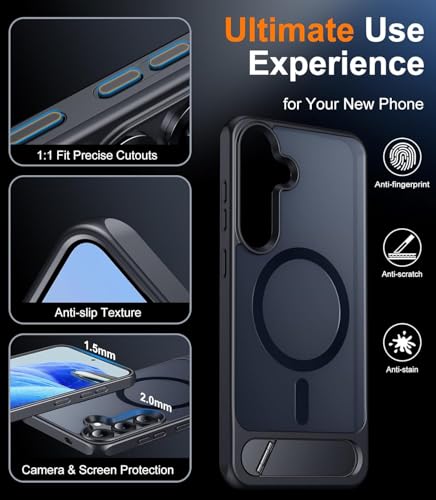 Image of Elzzi Magnetic Cover Compatible for Samsung S25 5g Case with Adjustable Metal Kickstand, Compatible with Mag-Safe Translucent Matte Shockproof Protective Phone Case, Blue