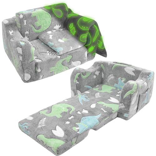 Image of Poakkus 2-in-1 Soft Plush Toddler Couch & Chair – Fold Out Convertible Sofa to Lounger with Blanket, Glow-in-The-Dark Dinosaur Design for Boys & Girls, Playroom/Kids’ Bedroom