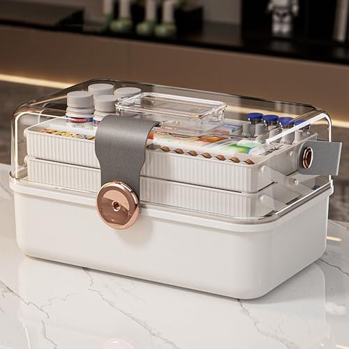 3段薬箱、薬オーガナイザー収納, 医薬品収納ボックス 折り畳み式 大容量 密封防水 持ち運び便利 おしゃれ 災害用くすりばこ 工具箱 薬収納 小物入れ 多機能収納ボックス 応急処置 家庭用 旅行用 車載用 ロック付き (グレー)