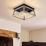 Lámpara de techo rectangular retro industrial con pantalla de madera para pasillo, sala de estar con dos luces