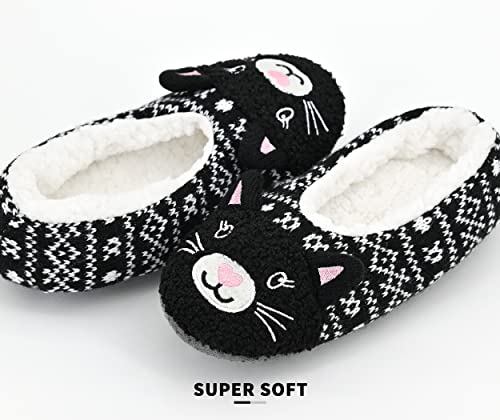 Panda Bros Womens Cozy&Warm Animal Slipper Socks With Grippers-House Socks(Knit Black Cat, 8-10) #TOP4