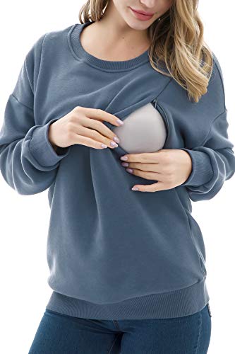 Smallshow Women's Fleece Maternity Nursing Sweatshirt Breastfeeding Tops X-Large Dusty Blue - Thumbnail 2