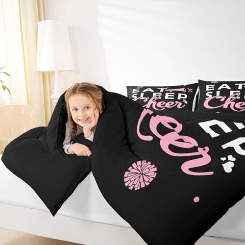 Image of Feelyou Pink Eat Sleep Cheer Comforter Set Toddler Size for Girls Boys Cheerleader Comforter Gymnastics Dancing Lovers Bedding Set Girls Cheerleading Sports Duvet Set Quilt Set
