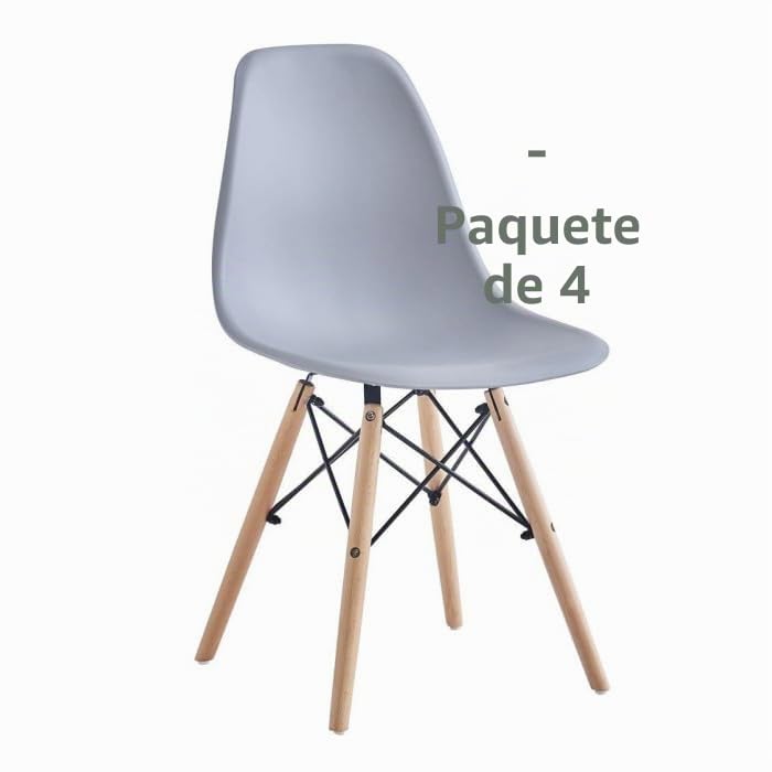 Pack de 4 Sillas Nórdicas de Comedor y Cocina, Silla Escandinava con Patas de Madera de Haya, Asiento Ergonómico en Polipropileno, 82x46x52 cm, Diseño Moderno Color Gris