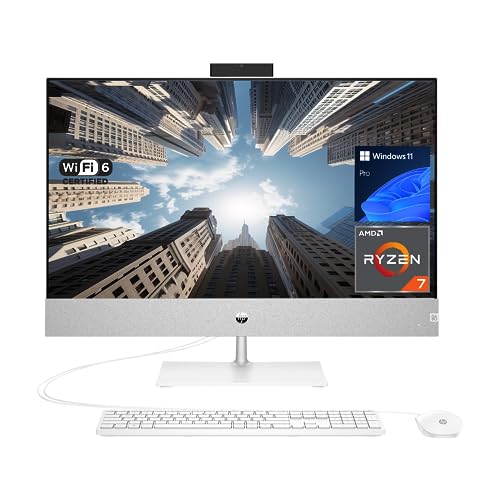 Image of HP Business Pavilion 27 inch All in One Desktop, AMD Ryzen 7 5700U Processor, 32GB RAM, 2TB SSD, Micro-Edge, Anti-Glare, Wi-Fi 6, Webcam, HDMI, Wired Keyboard&Mouse, Windows 11 Pro, White