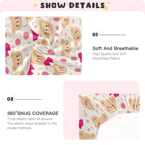 Image of Crib Sheet Breathable Soft Crib Mattress Sheet for Baby Toddler Boys Girls Fitted Pack n Play Crib Sheet Fit Standard Crib Mattress 52 x 28 Inch Beige Pinks Strawberry Bear Bow