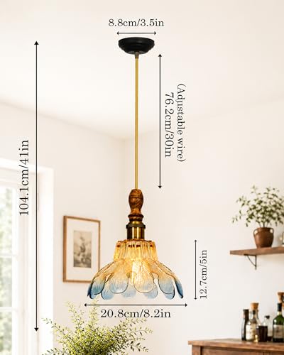 Image of Homesake Botanica Pendant Lamp | Petal Scalloped Glass Hanging Light with Solid Wood Top | Vintage European Ceiling Fixture, Pendant Light for Home Decor, Hallway, Kitchen & Balcony, (Petal, Blue)