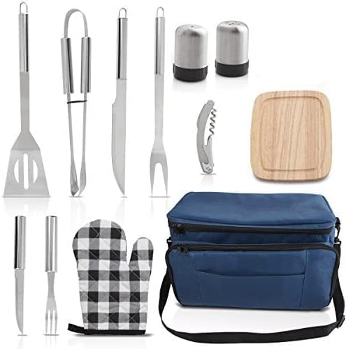Grilljoy BBQ Grill Tools Set with Blue Insulated Cooler Bag - All-in-one Barbecue Picnic Cooler Bag - 12pcs Stainless Steel Camping Utensil Kit - Perfect Grilling Accessories Set Gift