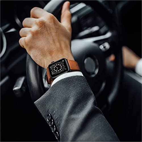 OUHENG Compatible with Apple Watch Band 45mm 44mm 42mm 41mm 40mm 38mm, Genuine Leather Bands Replacement Strap for iWatch SE Series 7 6 5 4 3 2 1