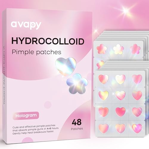 AVAPY Pimple Patches for Face, Cute Hydrocolloid Acne Patches, Colorful Hologram Heart Sport Stickers, Zits & Blemish, Pimple Patch with Salicylic Acid, Pink Heart Flower 12MM (48 Count)