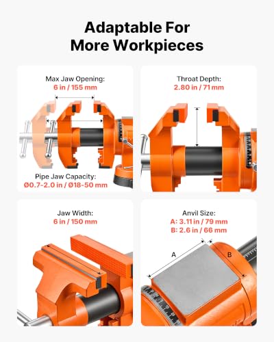 Image of VEVOR Heavy Duty Bench Vise, 6 inch Jaw Width, Double Swivel Rotating Multi-Purpose Bench Vise, with 360 Locking Swivel Base and Head, 2.8 inch Throat Depth, 6 inch Max Jaw Opening, for Drilling, Pipe Cutting